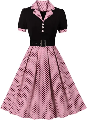 1950s Dresses for Women 50s Style Audrey Hepburn Vintage 1940s Rockabilly Retro Short Sleeve Polka Dot Summer A Line Swing Midi Dress Cocktail Party Evening Prom Gown Plus Size Black Hot Pink M