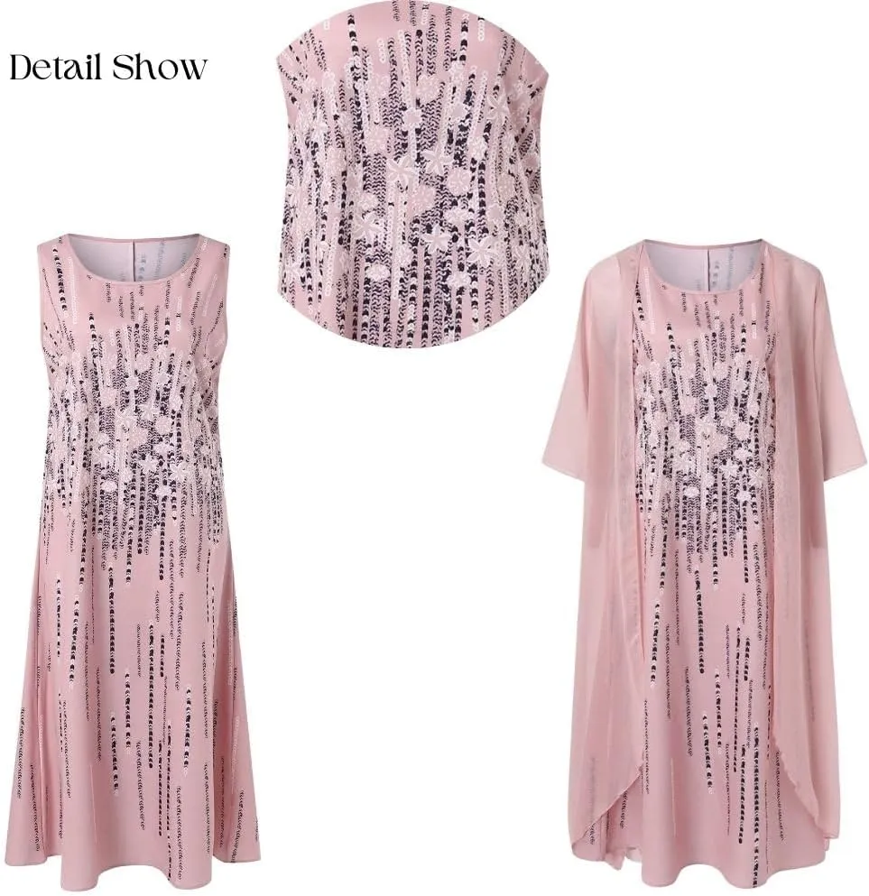 2 Piece Dress Set Chiffon Tea Length Mother of The Bride Dresses for Wedding Floral Print Evening Gowns with Cardigan