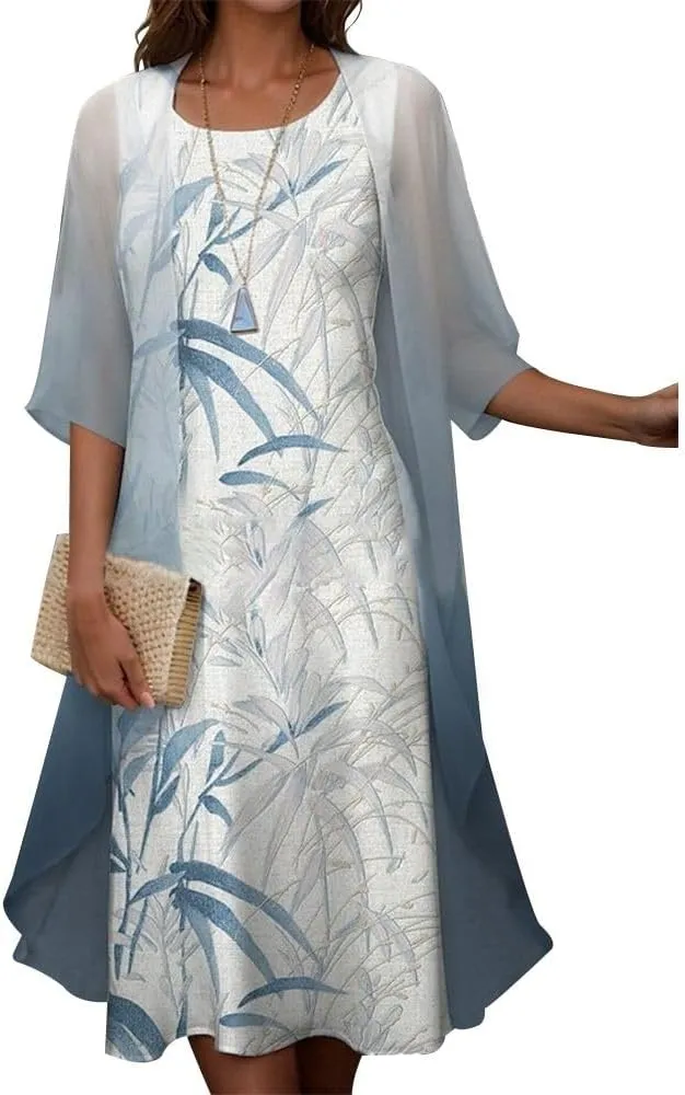 2 Piece Dress Set Chiffon Tea Length Mother of The Bride Dresses for Wedding Floral Print Evening Gowns with Cardigan