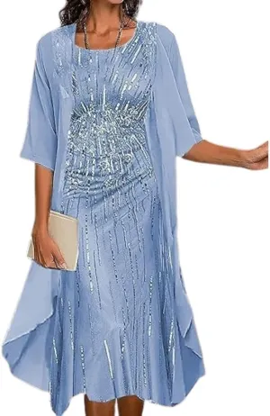 2 Piece Dress Set Chiffon Tea Length Mother of The Bride Dresses for Wedding Floral Print Evening Gowns with Cardigan