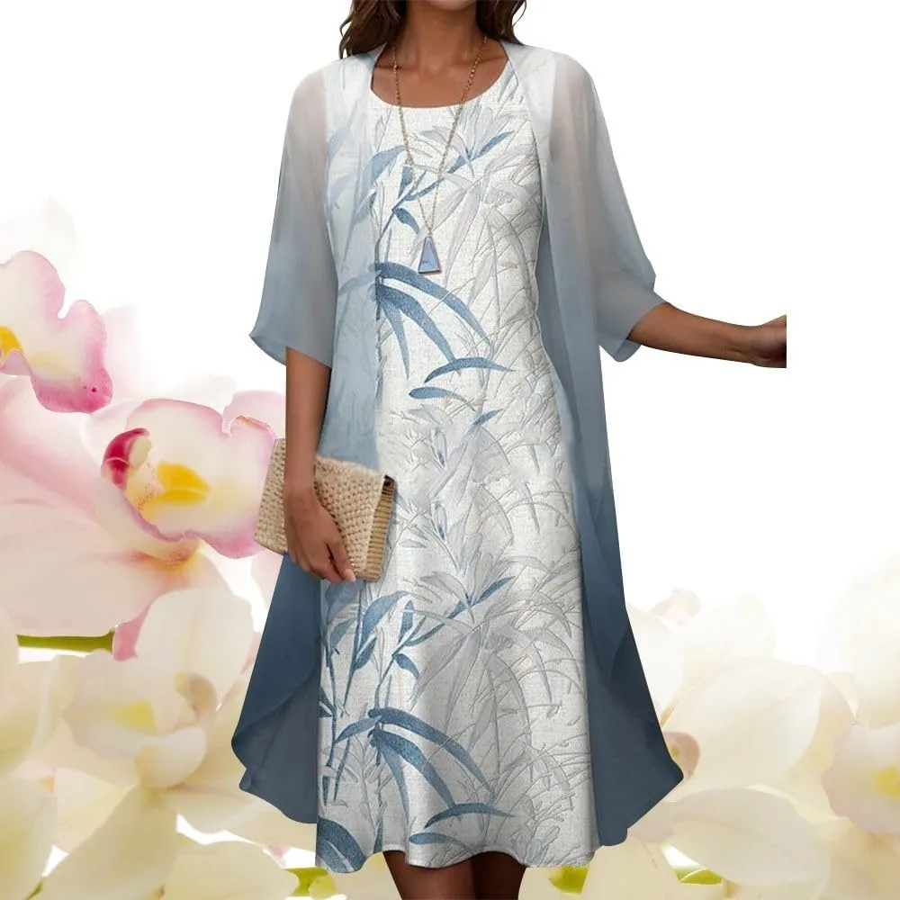 2 Piece Dress Set Chiffon Tea Length Mother of The Bride Dresses for Wedding Floral Print Evening Gowns with Cardigan