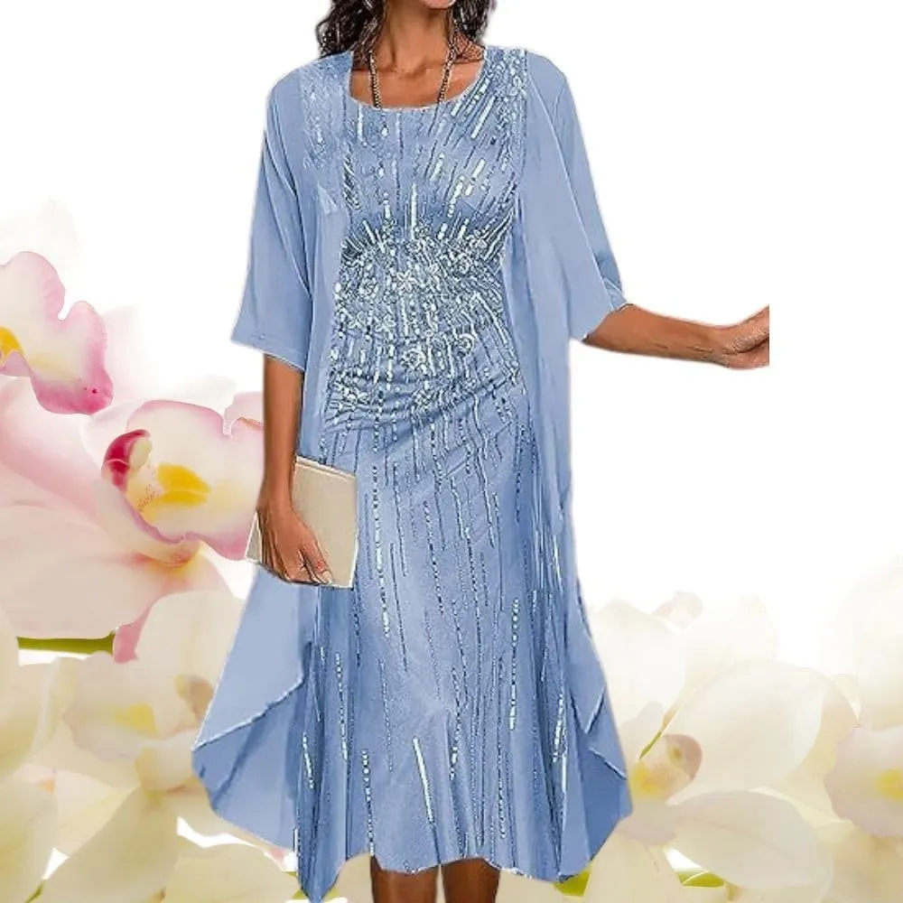 2 Piece Dress Set Chiffon Tea Length Mother of The Bride Dresses for Wedding Floral Print Evening Gowns with Cardigan