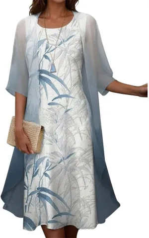 2 Piece Dress Set Chiffon Tea Length Mother of The Bride Dresses for Wedding Floral Print Evening Gowns with Cardigan
