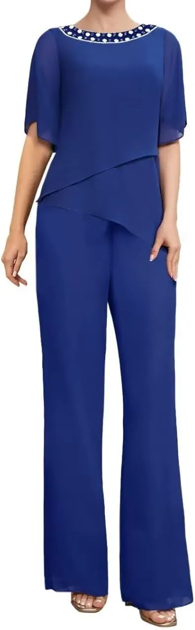 2 Pieces Mother of The Bride Pants Suits Short Sleeve Formal Outfits for Women Pantsuits for Wedding Guest