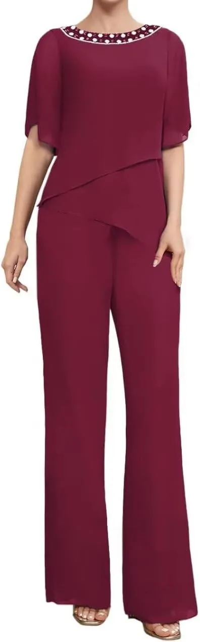 2 Pieces Mother of The Bride Pants Suits Short Sleeve Formal Outfits for Women Pantsuits for Wedding Guest