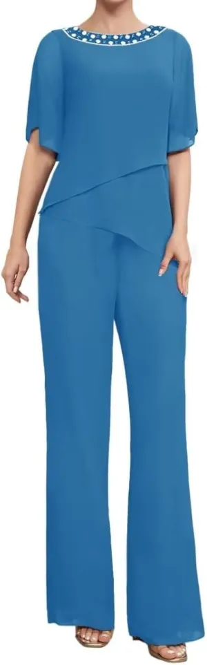 2 Pieces Mother of The Bride Pants Suits Short Sleeve Formal Outfits for Women Pantsuits for Wedding Guest
