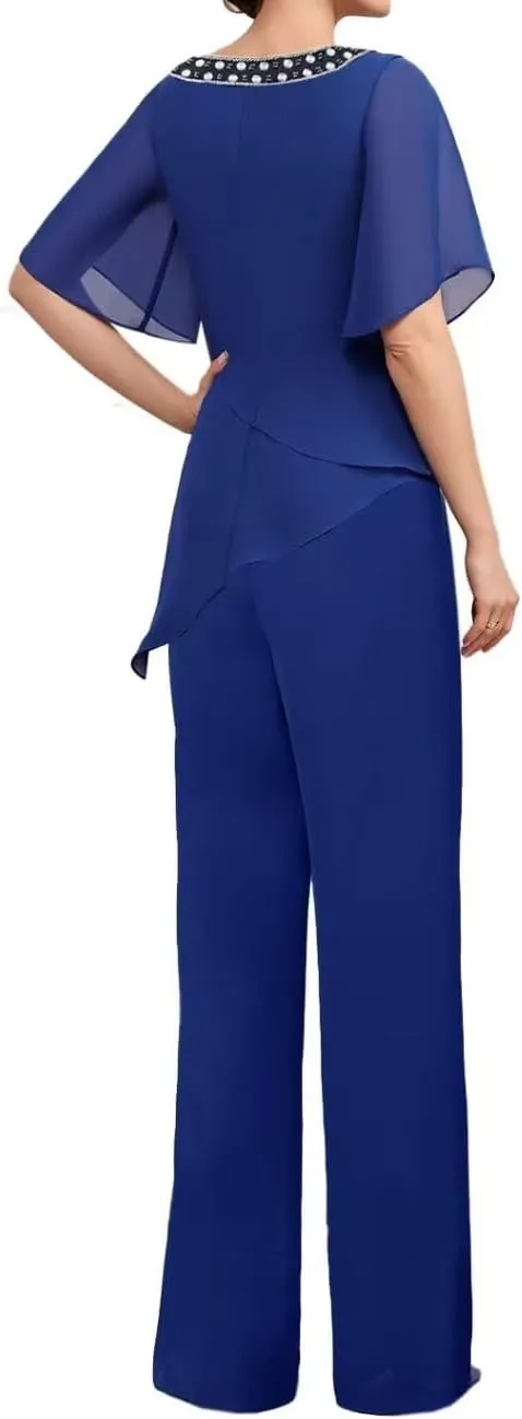2 Pieces Mother of The Bride Pants Suits Short Sleeve Formal Outfits for Women Pantsuits for Wedding Guest