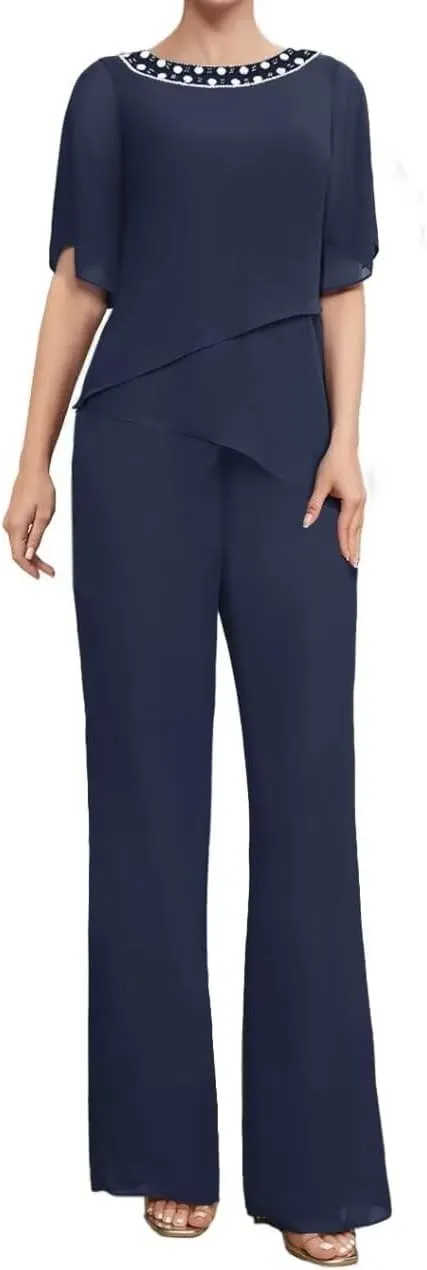 2 Pieces Mother of The Bride Pants Suits Short Sleeve Formal Outfits for Women Pantsuits for Wedding Guest