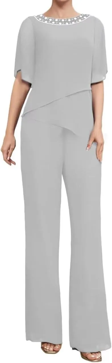 2 Pieces Mother of The Bride Pants Suits Short Sleeve Formal Outfits for Women Pantsuits for Wedding Guest