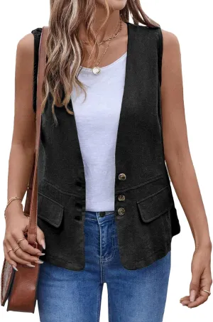 2025 Womens Summer Cotton Linen Vest Sleeveless Lightweight Button Down V-Neck Casual Fashion Work Jacket