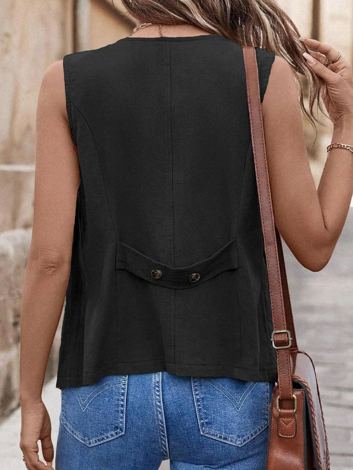 2025 Womens Summer Cotton Linen Vest Sleeveless Lightweight Button Down V-Neck Casual Fashion Work Jacket