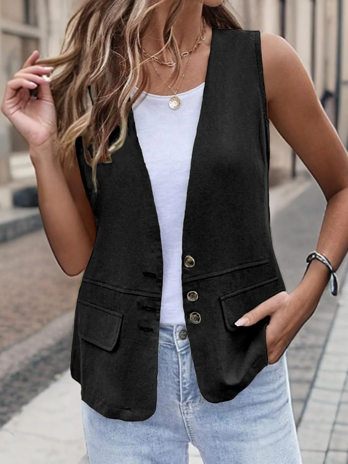 2025 Womens Summer Cotton Linen Vest Sleeveless Lightweight Button Down V-Neck Casual Fashion Work Jacket