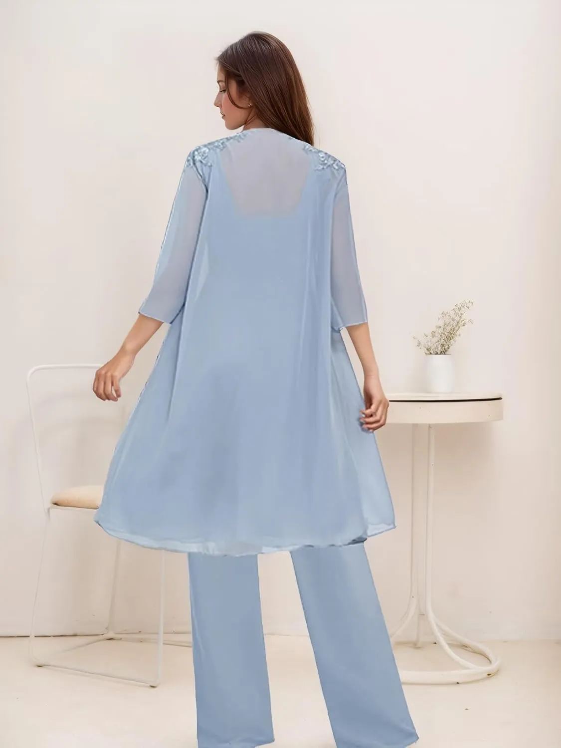 3 Pieces Mother of The Bride Pantsuits for Wedding Long Sleeve Chiffon Lace Formal Outfits for Women with Jackets
