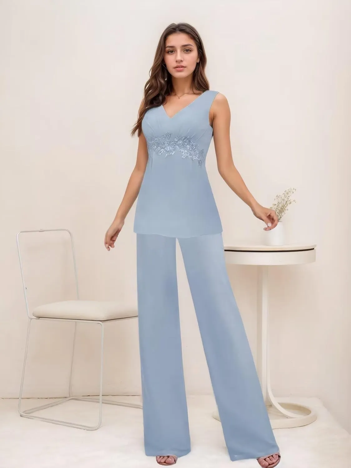 3 Pieces Mother of The Bride Pantsuits for Wedding Long Sleeve Chiffon Lace Formal Outfits for Women with Jackets