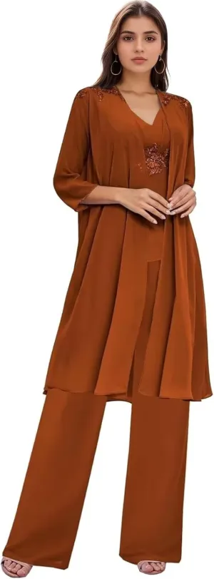 3 Pieces Mother of The Bride Pantsuits for Wedding Long Sleeve Chiffon Lace Formal Outfits for Women with Jackets