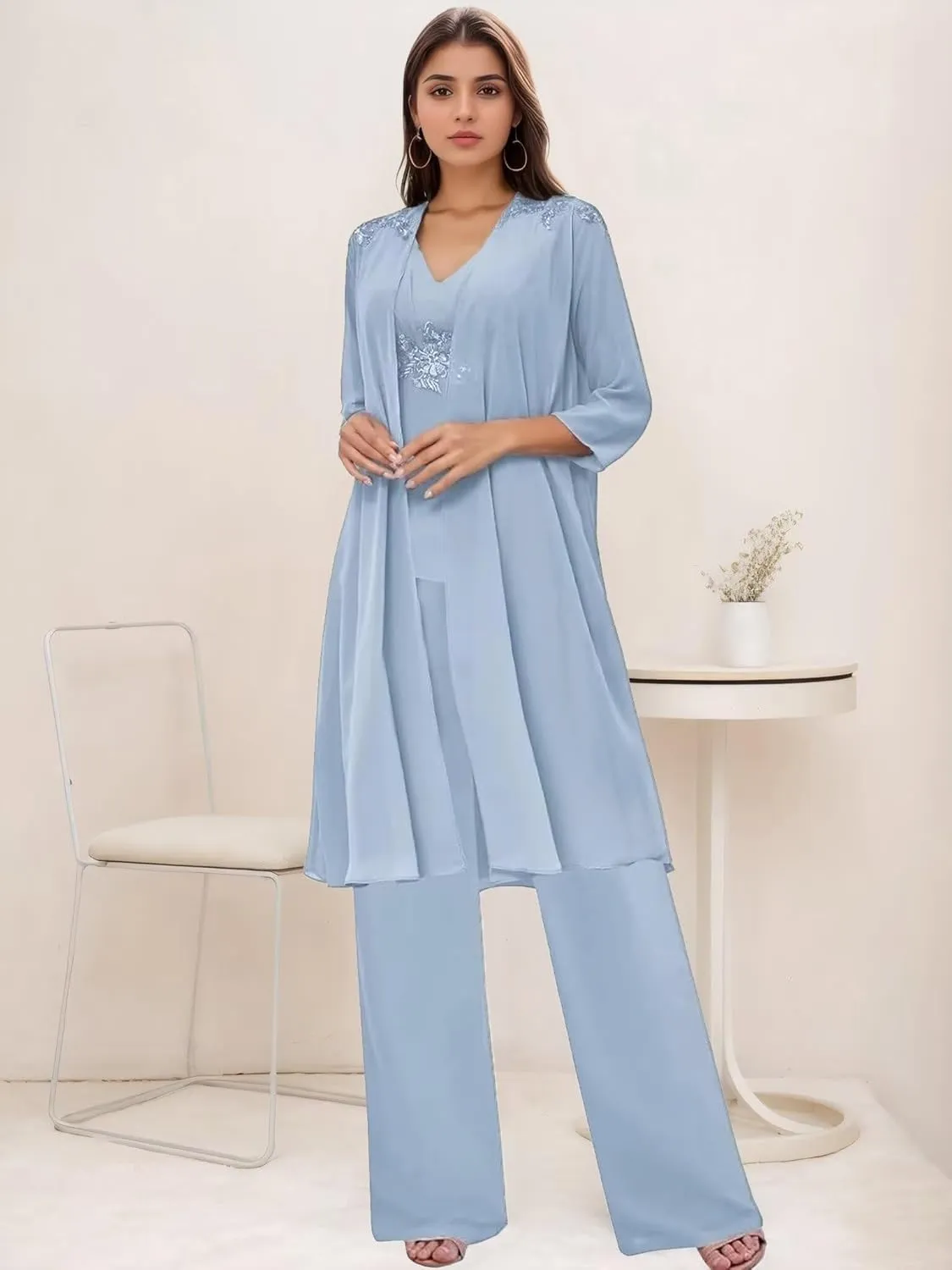 3 Pieces Mother of The Bride Pantsuits for Wedding Long Sleeve Chiffon Lace Formal Outfits for Women with Jackets