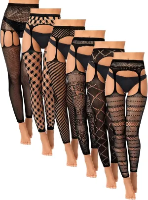 6 Pairs Fishnet Stockings for Women Footless Tights High Waist Suspender Pantyhose Garter Belt Leggings for Halloween(Classic)