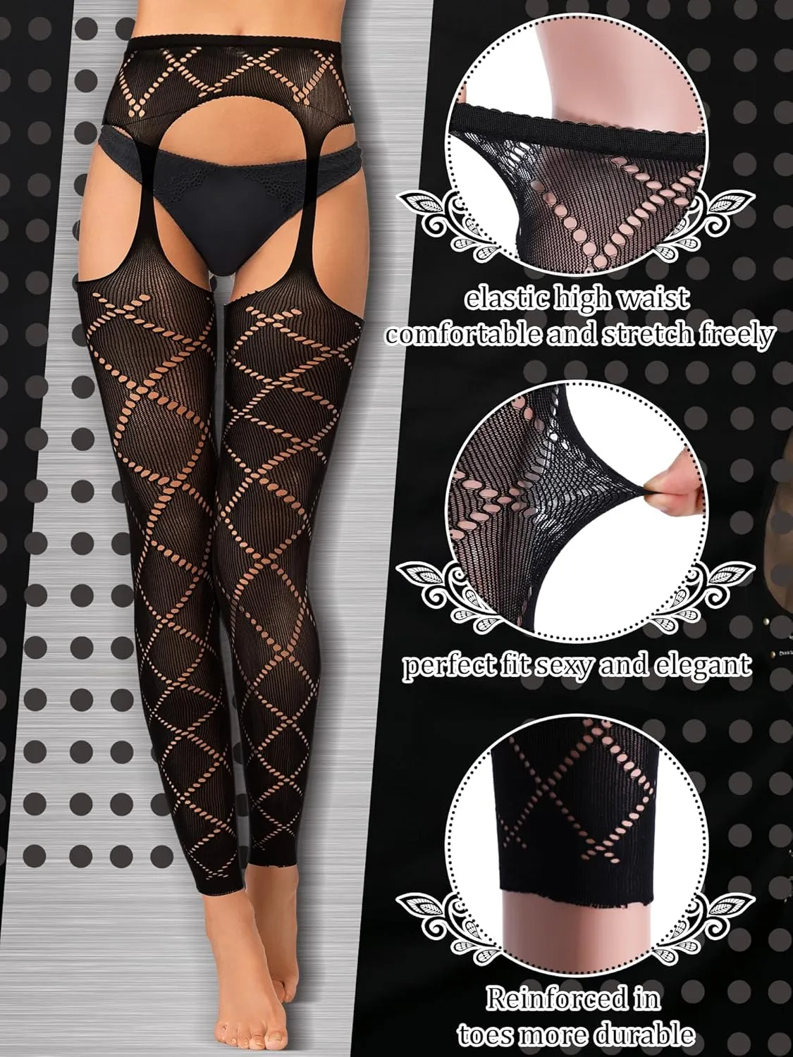 6 Pairs Fishnet Stockings for Women Footless Tights High Waist Suspender Pantyhose Garter Belt Leggings for Halloween(Classic)