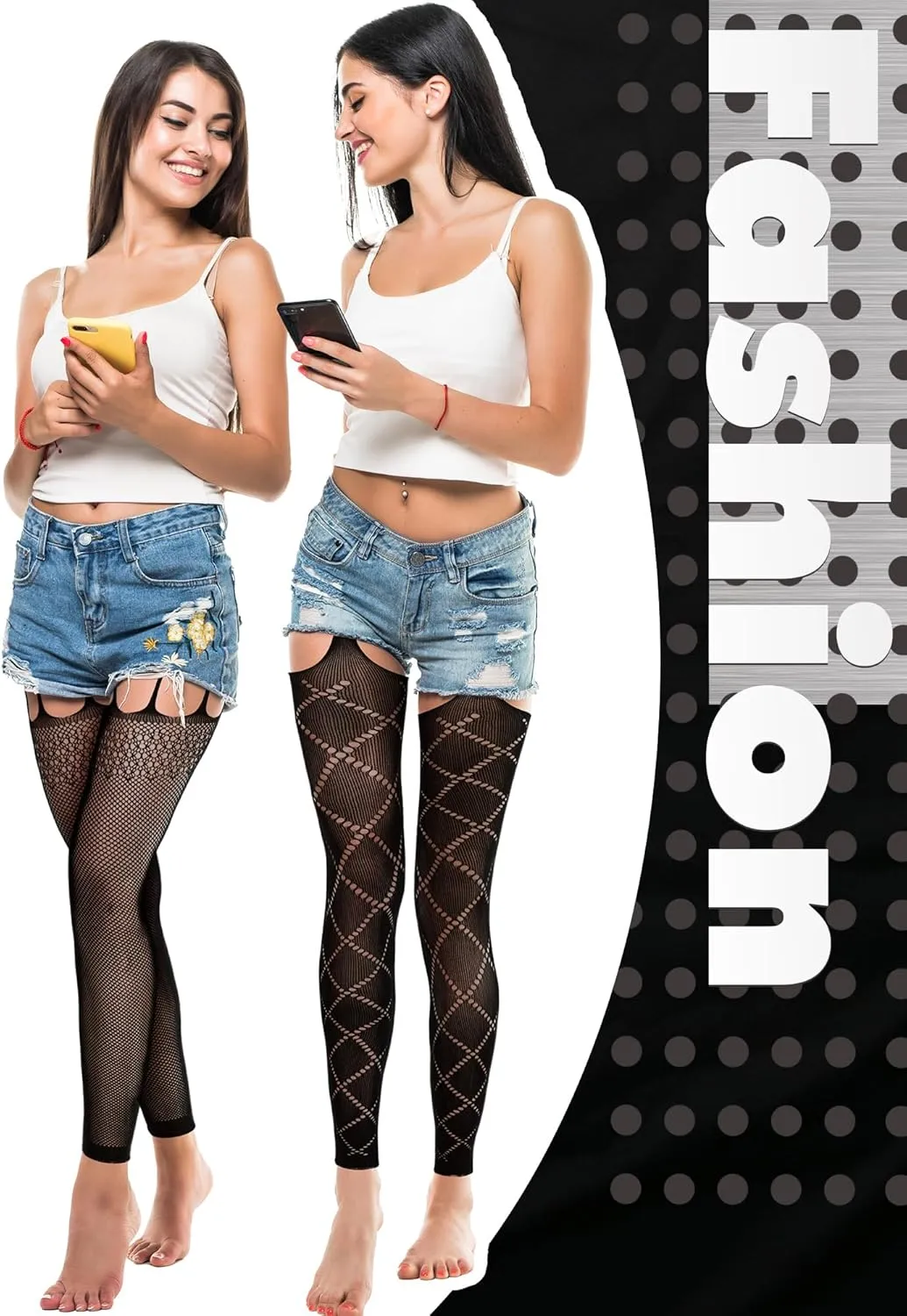 6 Pairs Fishnet Stockings for Women Footless Tights High Waist Suspender Pantyhose Garter Belt Leggings for Halloween(Classic)