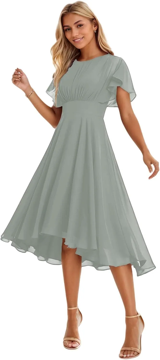 A-line Classic Elegant Wedding Guest Dress Grace Mother of The Bride Dress Chiffon Ruffles Scoop Short Sleeve 2025