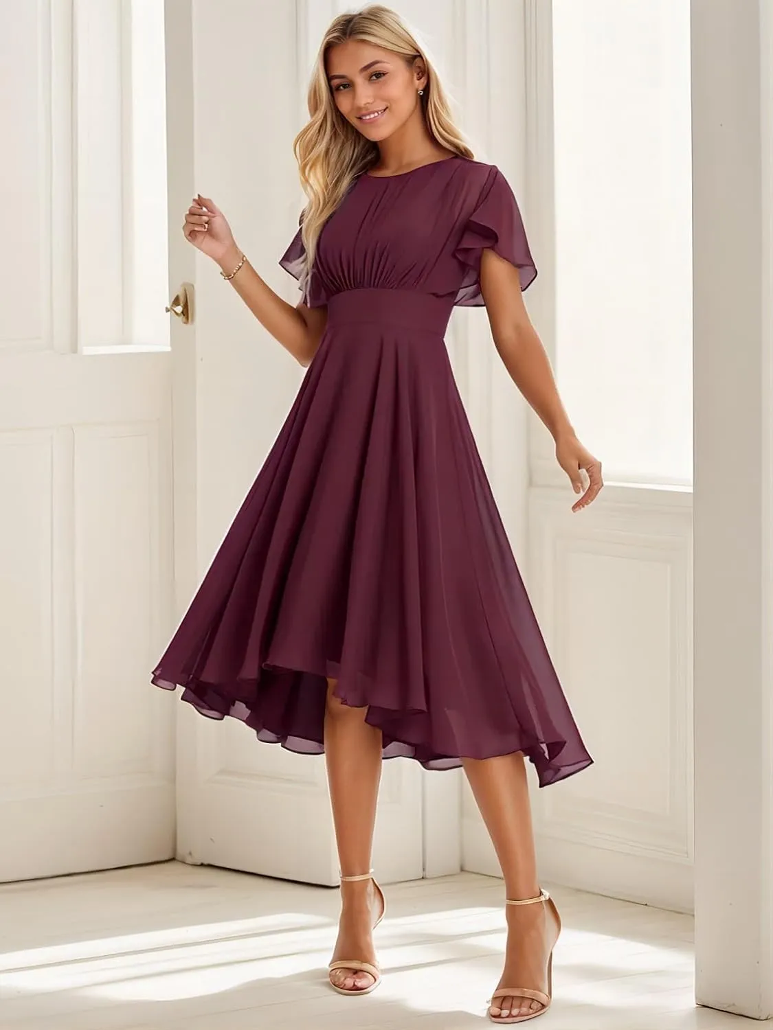 A-line Classic Elegant Wedding Guest Dress Grace Mother of The Bride Dress Chiffon Ruffles Scoop Short Sleeve 2025