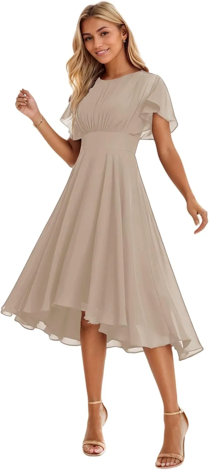 A-line Classic Elegant Wedding Guest Dress Grace Mother of The Bride Dress Chiffon Ruffles Scoop Short Sleeve 2025