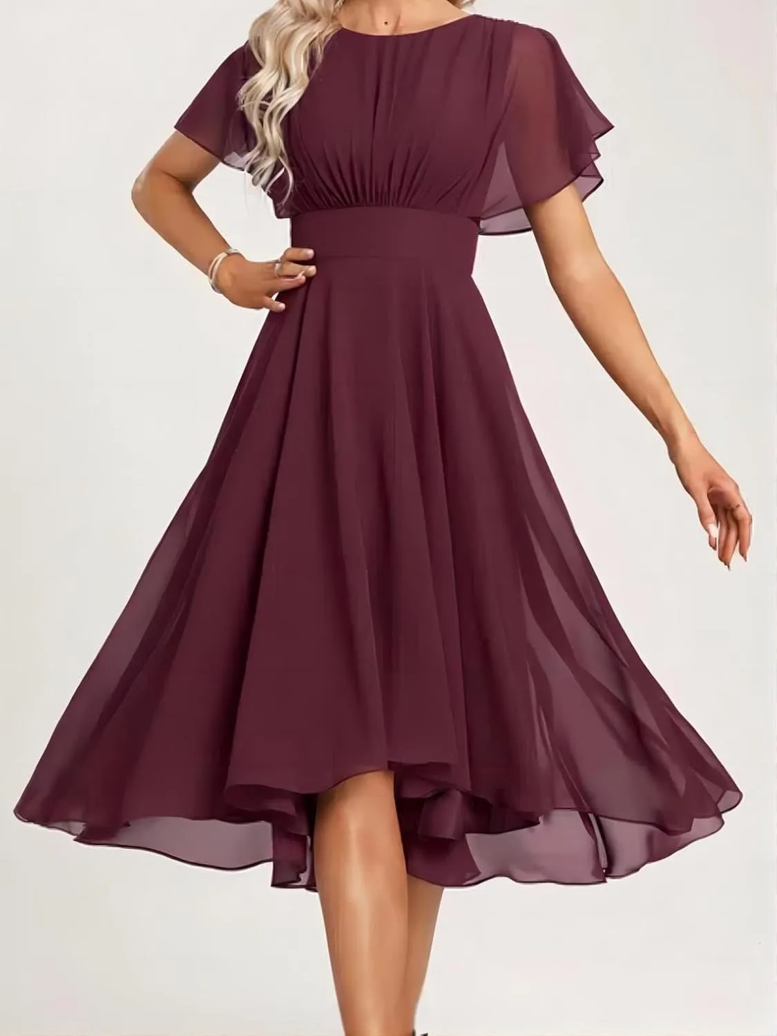 A-line Classic Elegant Wedding Guest Dress Grace Mother of The Bride Dress Chiffon Ruffles Scoop Short Sleeve 2025