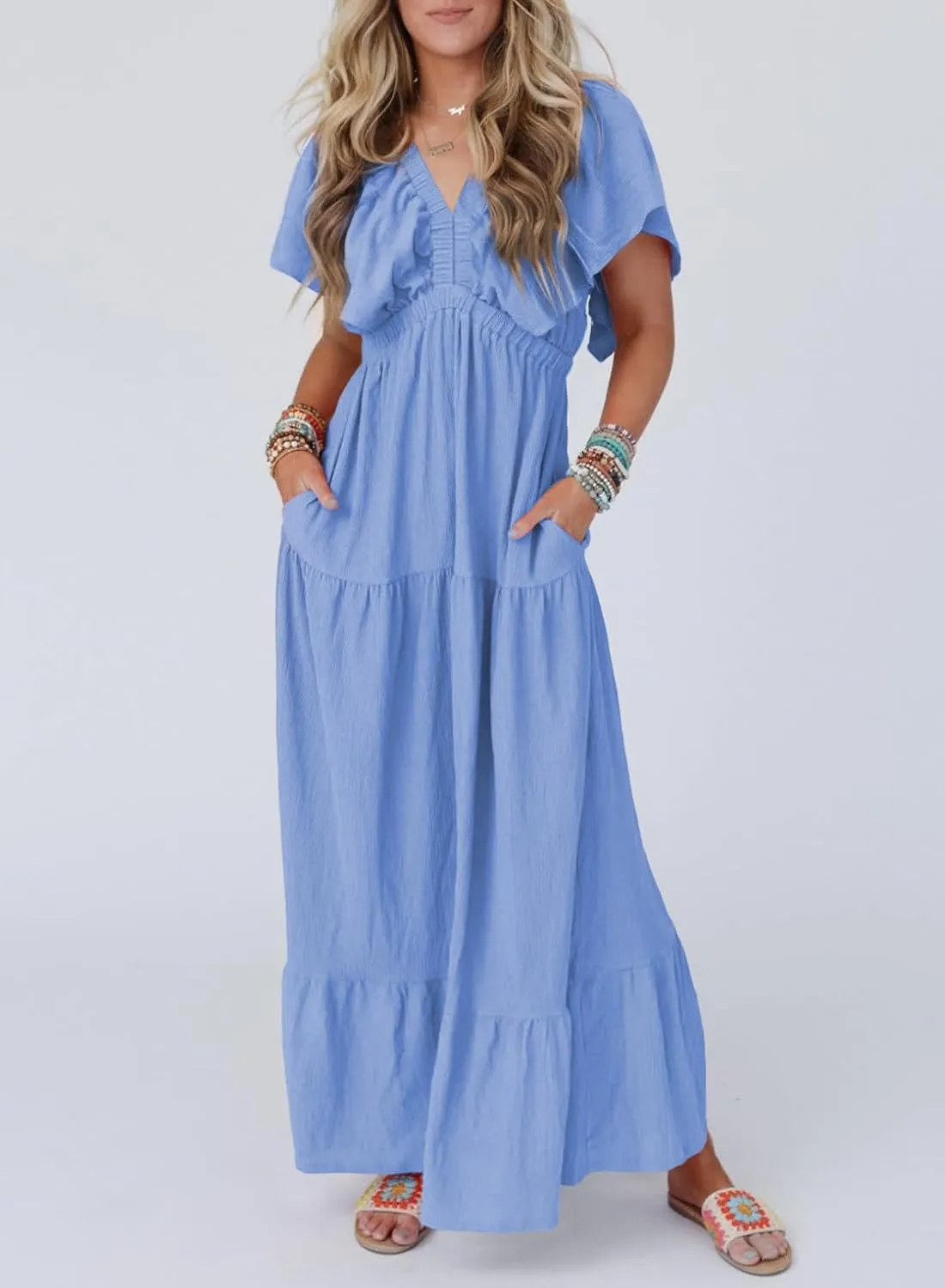 Acelitt Women Casual V Neck Short Sleeve Tiered Long Maxi Dress,S-XXL
