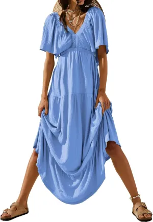 Acelitt Women Casual V Neck Short Sleeve Tiered Long Maxi Dress,S-XXL