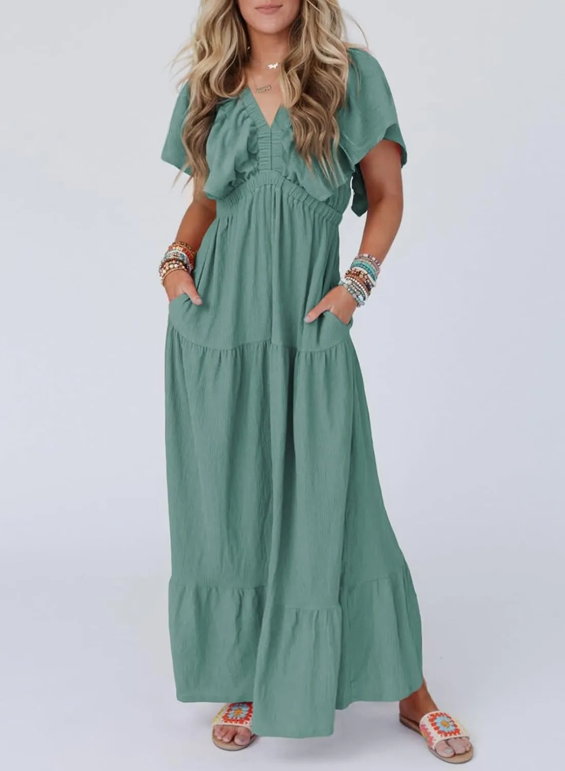 Acelitt Women Casual V Neck Short Sleeve Tiered Long Maxi Dress,S-XXL
