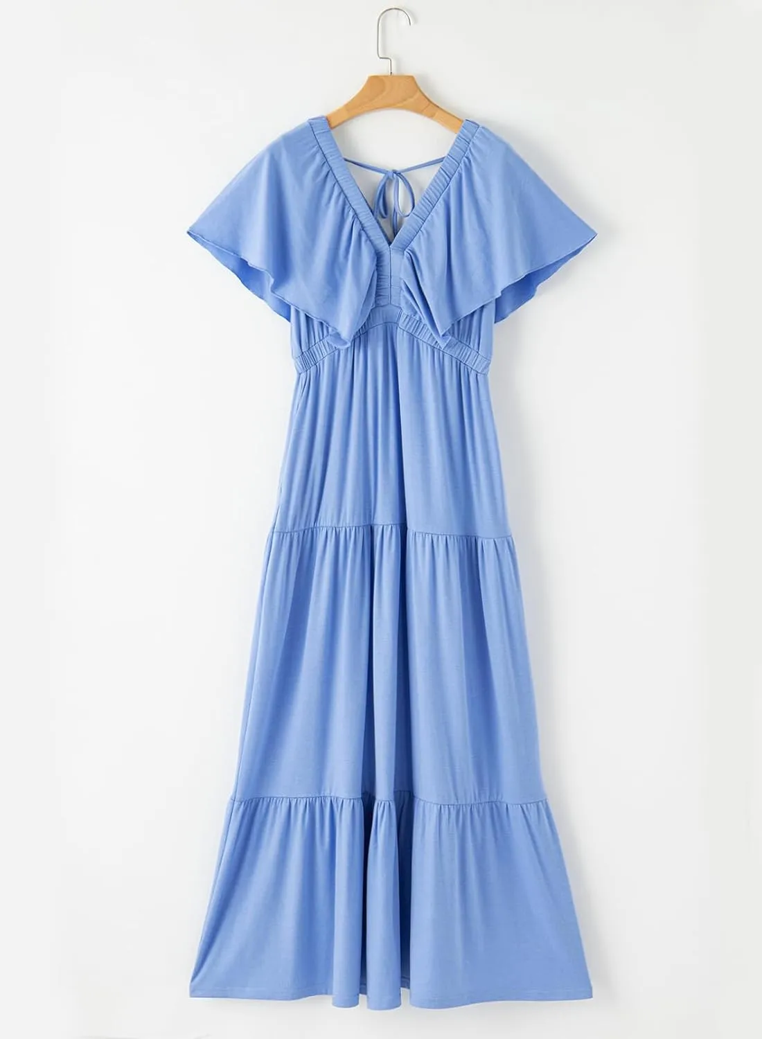 Acelitt Women Casual V Neck Short Sleeve Tiered Long Maxi Dress,S-XXL