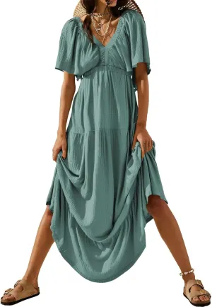 Acelitt Women Casual V Neck Short Sleeve Tiered Long Maxi Dress,S-XXL