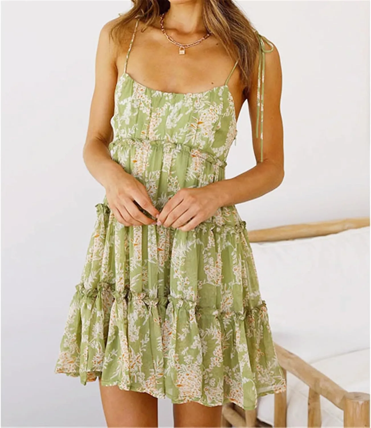 AELSON Sundresses for Women 2025 Floral Summer Dress Boho Flowy Cute Dresses Spaghetti Strap Sleeveless Ruffle Mini Dress