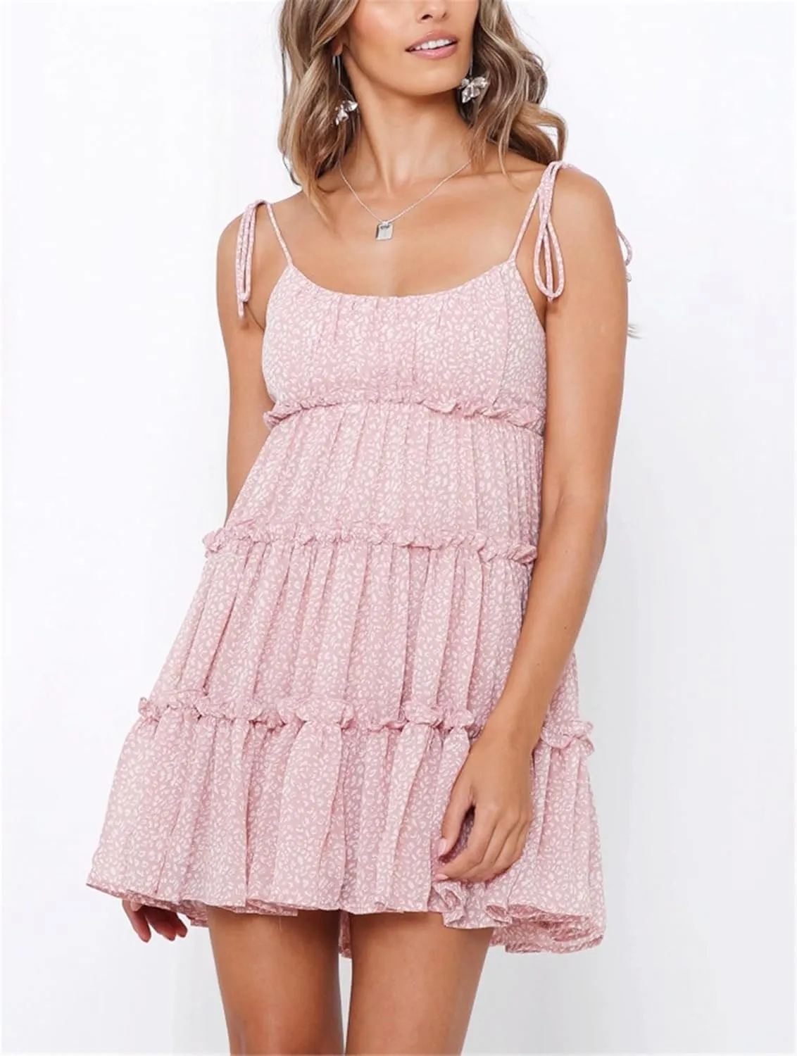 AELSON Sundresses for Women 2025 Floral Summer Dress Boho Flowy Cute Dresses Spaghetti Strap Sleeveless Ruffle Mini Dress