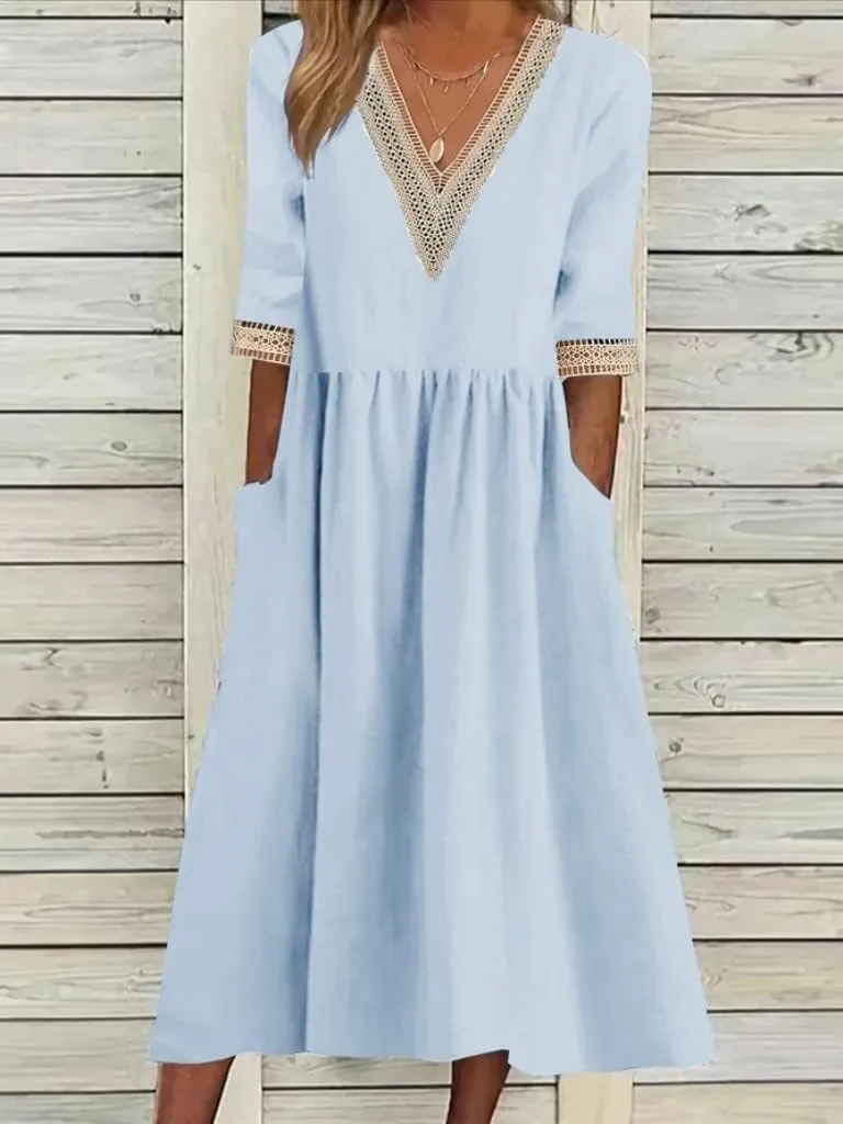Akivide Women's Summer Cotton Linen Short Sleeve Maxi Dress Flowy Casual Loose Pleated Beach Tshirt Dress with Pockets