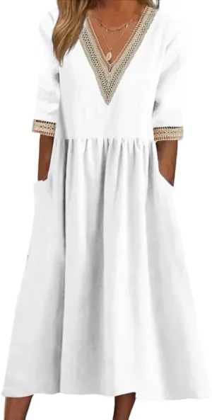 Akivide Women's Summer Cotton Linen Short Sleeve Maxi Dress Flowy Casual Loose Pleated Beach Tshirt Dress with Pockets