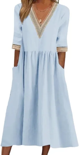 Akivide Women's Summer Cotton Linen Short Sleeve Maxi Dress Flowy Casual Loose Pleated Beach Tshirt Dress with Pockets