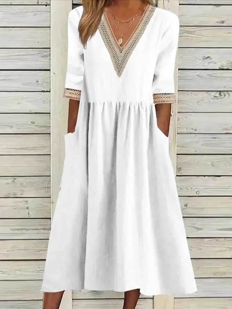 Akivide Women's Summer Cotton Linen Short Sleeve Maxi Dress Flowy Casual Loose Pleated Beach Tshirt Dress with Pockets