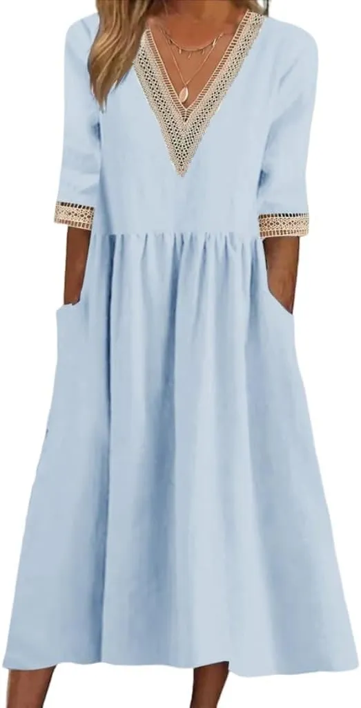 Akivide Women's Summer Cotton Linen Short Sleeve Maxi Dress Flowy Casual Loose Pleated Beach Tshirt Dress with Pockets
