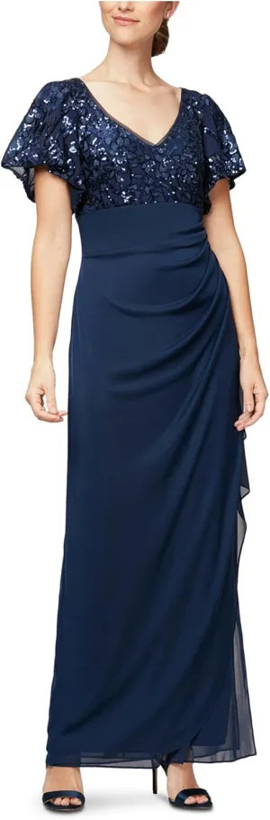Alex Evenings Women's Flutter Sleeve Long Mother of The Bride Dress with Ruched Empire Waist (Petite and Regular Sizes)