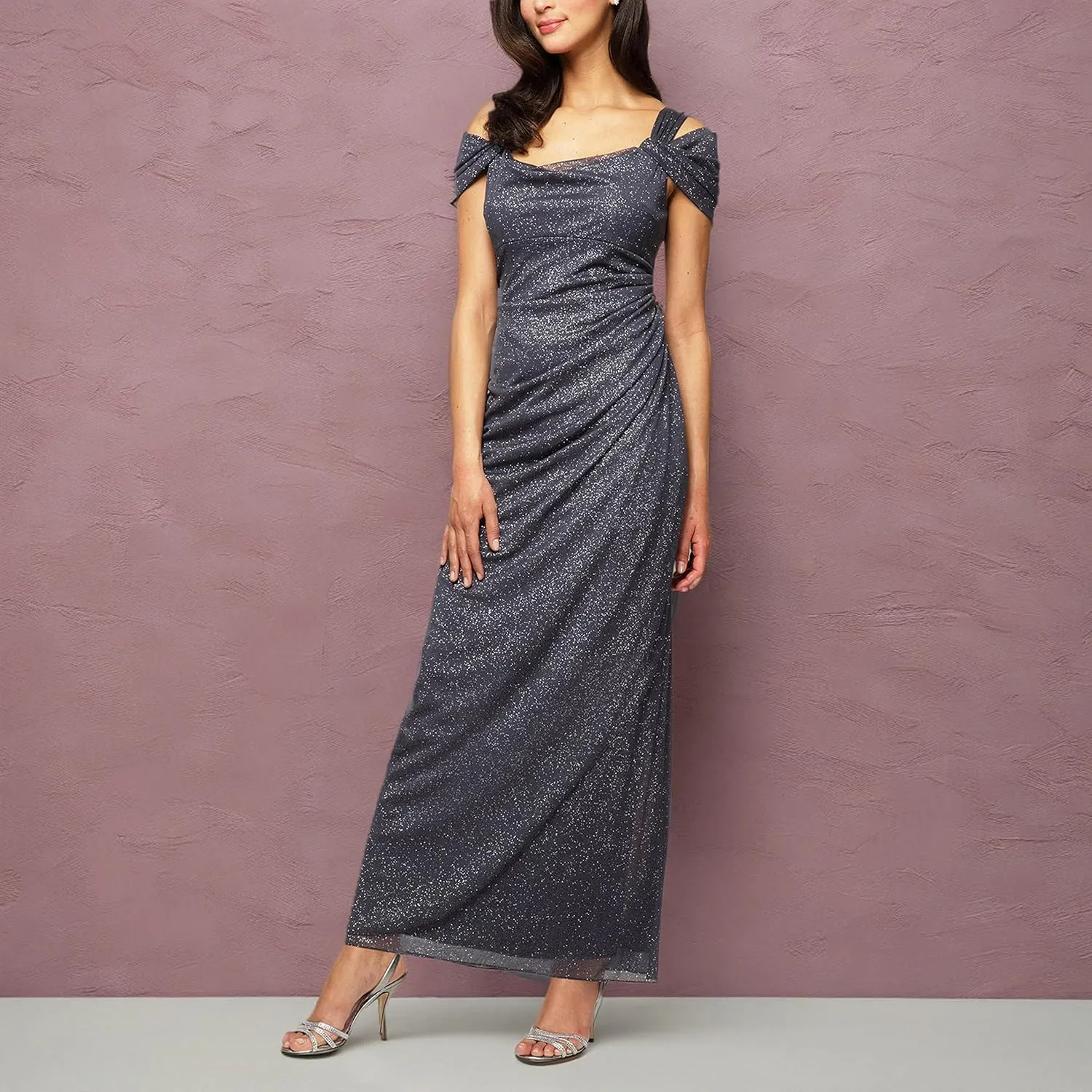 Alex Evenings Women's Long Cold Shoulder Dress, Mother of The Bride, Formal Events, (Petite and Regular Sizes)