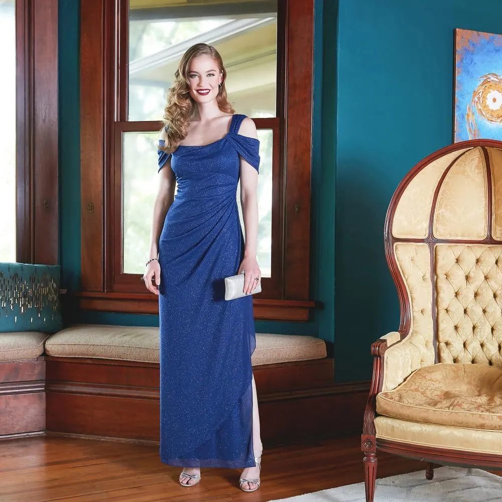 Alex Evenings Women's Long Cold Shoulder Dress, Mother of The Bride, Formal Events, (Petite and Regular Sizes)
