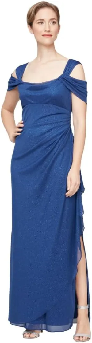 Alex Evenings Women's Long Cold Shoulder Dress, Mother of The Bride, Formal Events, (Petite and Regular Sizes)