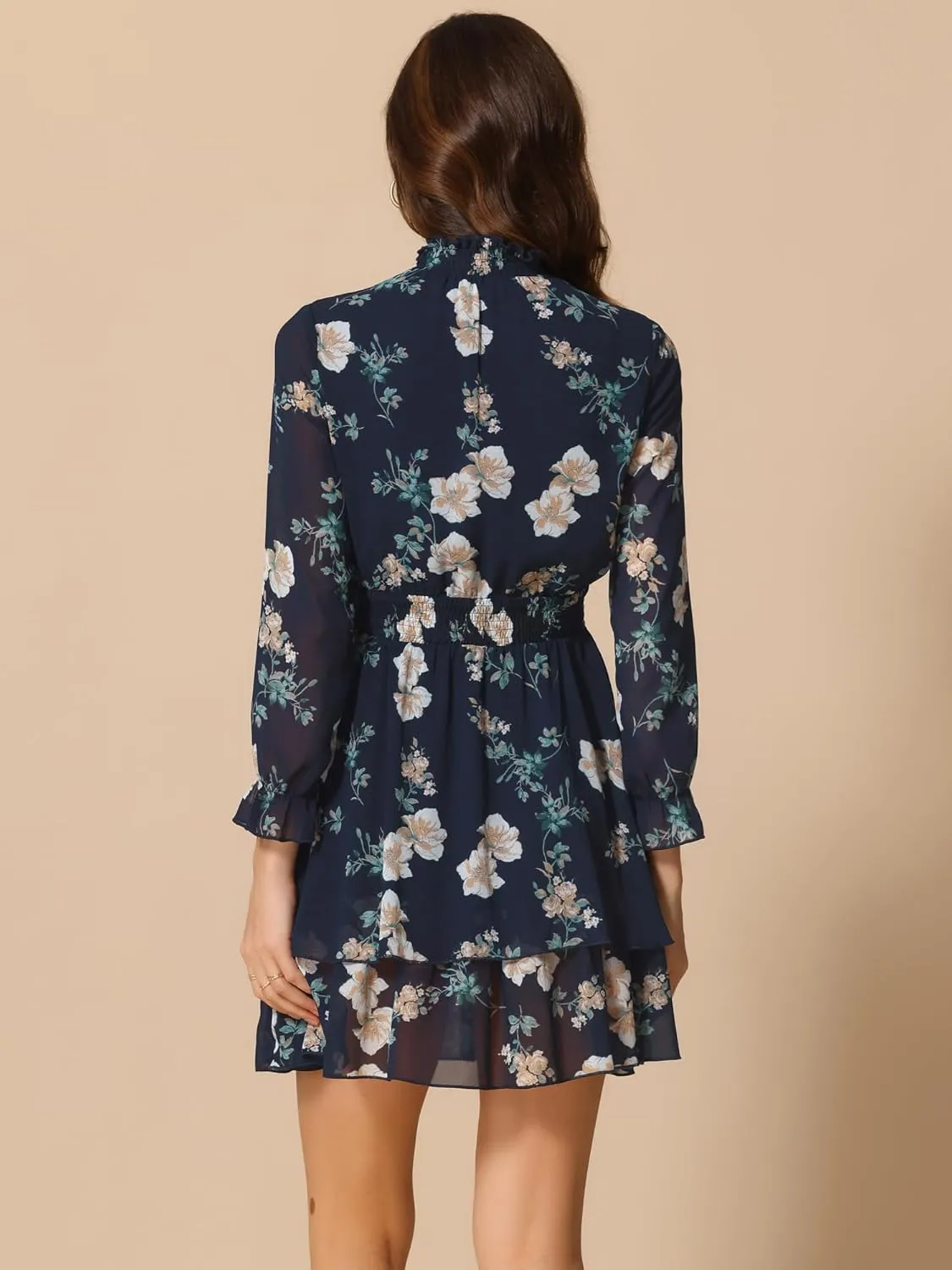Allegra K Women's Floral Dress Chiffon Long Sleeve Mock Neck Ruffle Layered Smocked Mini Dresses