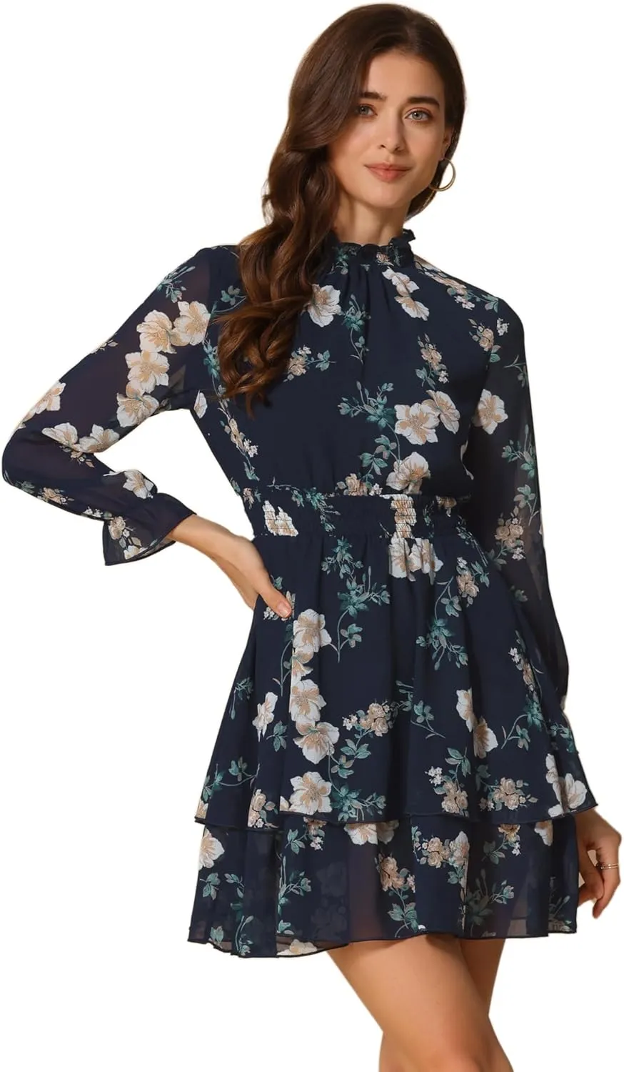 Allegra K Women's Floral Dress Chiffon Long Sleeve Mock Neck Ruffle Layered Smocked Mini Dresses