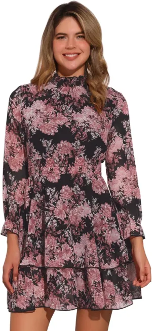 Allegra K Women's Floral Dress Chiffon Long Sleeve Mock Neck Ruffle Layered Smocked Mini Dresses