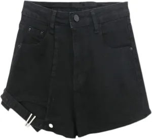 Andongnywell Womens High Waist Buttoned Strap Hem Skirt Shorts Casual Denim Shorts with Pockets Summer Fashion Jeans Shorts
