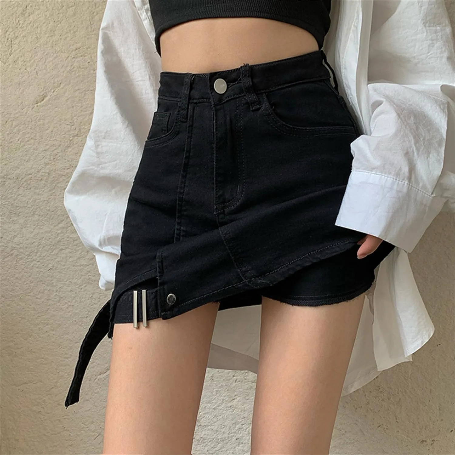 Andongnywell Womens High Waist Buttoned Strap Hem Skirt Shorts Casual Denim Shorts with Pockets Summer Fashion Jeans Shorts