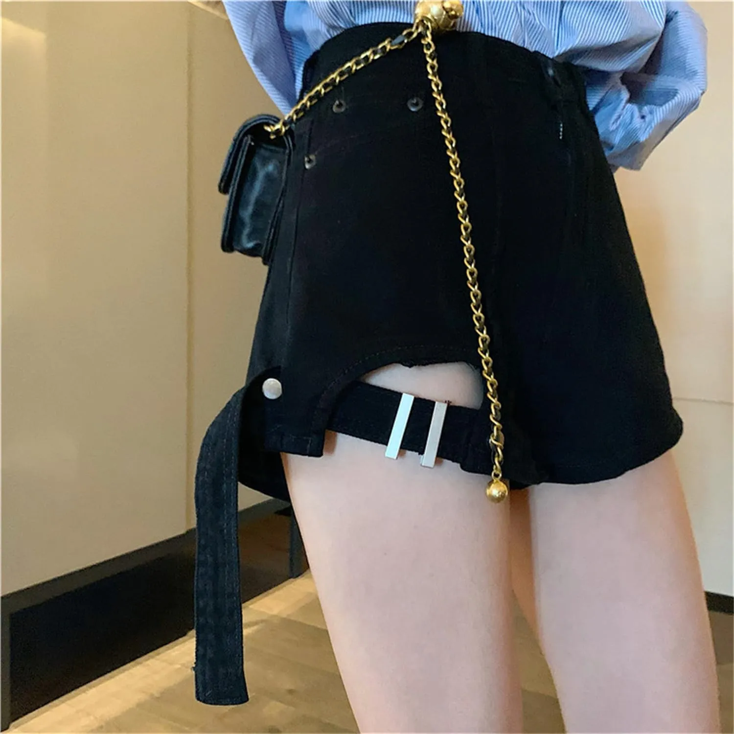 Andongnywell Womens High Waist Buttoned Strap Hem Skirt Shorts Casual Denim Shorts with Pockets Summer Fashion Jeans Shorts
