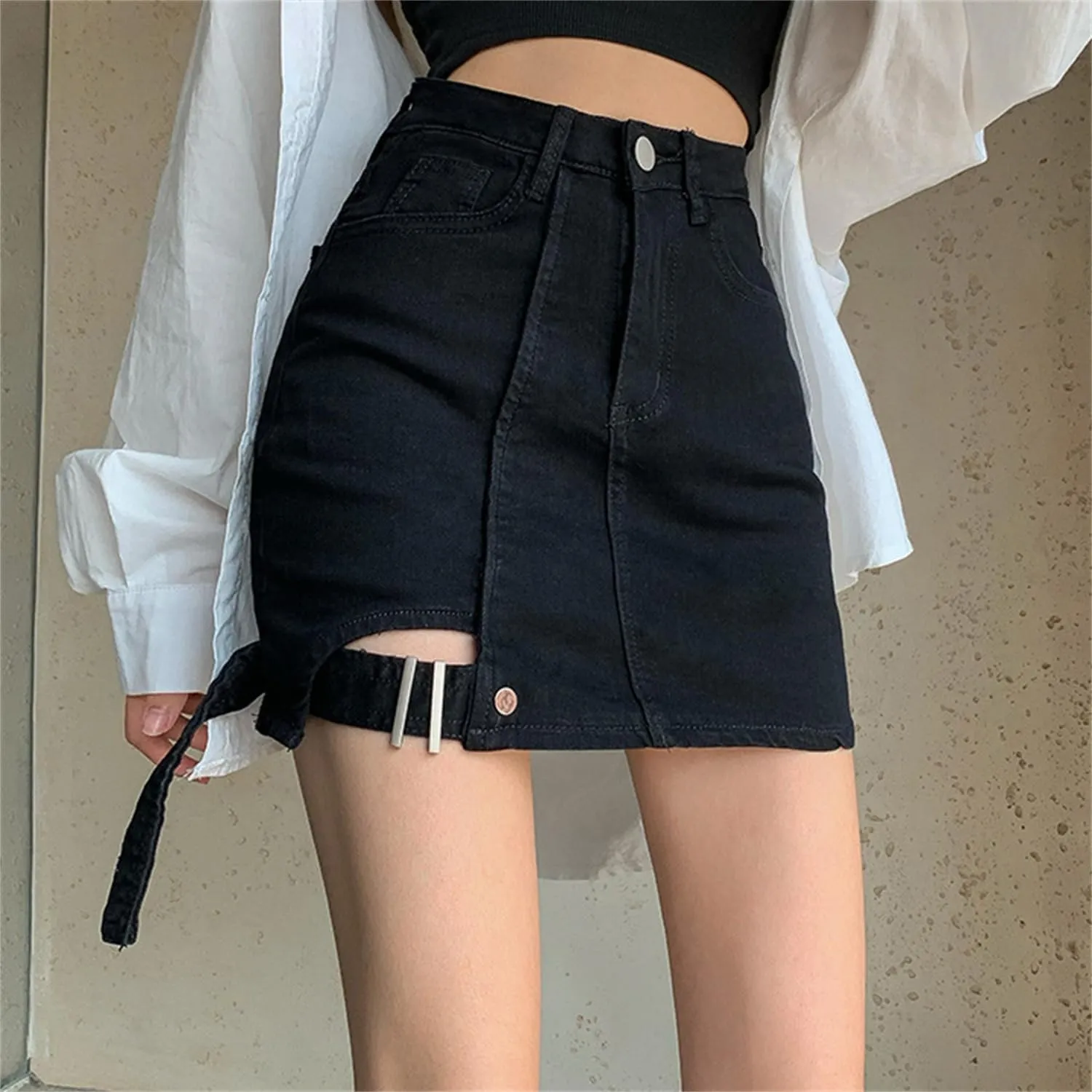 Andongnywell Womens High Waist Buttoned Strap Hem Skirt Shorts Casual Denim Shorts with Pockets Summer Fashion Jeans Shorts